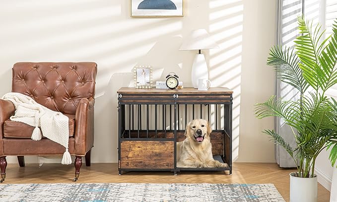 KOOPRO 40 Inch Dog Crate Furniture with Cushion for Large Medium Dogs, Wooden Heavy Duty Dog Kennel with Double Doors, Decorative Pet House Dog Cage Side End Table Indoor, Sliding Door Chew-Resistant-Mewly Pet