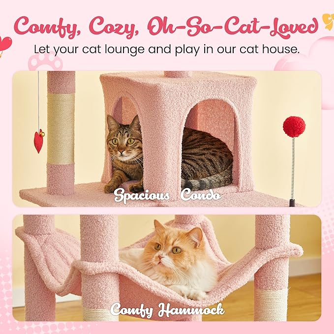MWPO Cute Cat Tree, 70.1-Inch Tall Pink Cat Tower for Indoor Cats Large Adult, Multi-Level Cat Condo with 5 Scratching Posts, 2 Padded Perches, Hammock, Dangling Toys-Mewly Pet