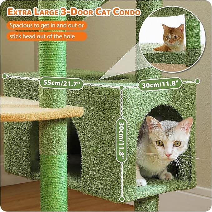 PAWZ Road Heavy Duty Cat Tree for Large Cats, 81 Inches Cactus Tall Cat Tower with 2 Perches, 2 Condos and Spacious Hammock, XL Extra Large Condo with 7 Scratching Posts for 20lb+ Adult Cats, Green-Mewly Pet