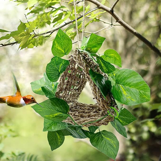 BNOSDM Bird Seagrass Mat, 3 PCS 7.1 x 7.1 Inches Parrot Natural Seagrass Woven Bird Net Hammock Mat, Parakeet Climbing Rope Ladder Chew Toys Hut Hideout for Lovebird Cockatiel Conure Budgie-Mewly Pet