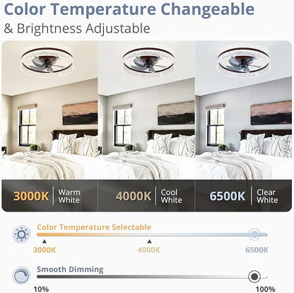 LEDIARY 22" Modern Ceiling Fans with Lights and Remote, Dimmable Low Profile Ceiling Fan, Flush Mount Fan, Stepless Color Temperature Change and 6 Speeds - Brown