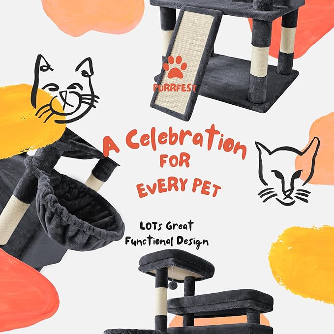 Cat Tree, 80-Inch Large Cat Tower with 9 Scratching Posts, 2 Perches, 2 Caves, 2 Basket, 2 Stairs, Extra Large Hammock, Pompoms, Multi-Level Plush Cat Condo for Indoor Cats/Smoky Grey-Mewly Pet