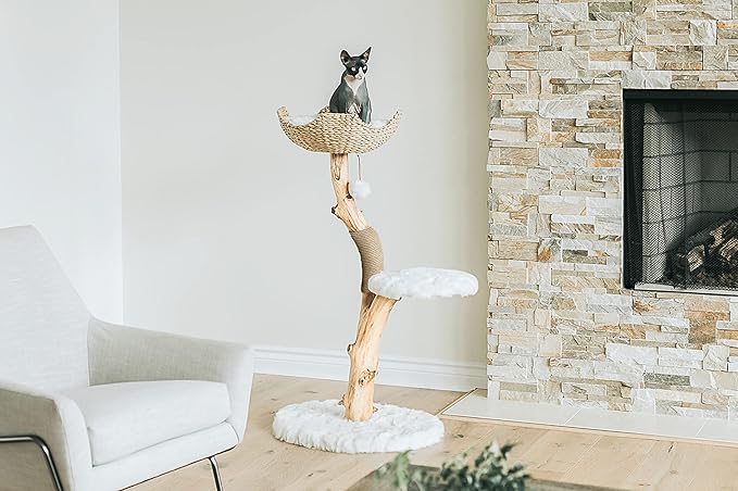 Wooden Cat Climbing Tree Tower, Modern Single Branch Cat Condo, Wood, Cat Lover Furniture Gift by MAU LIFESTYLE (Alpine White)-Mewly Pet