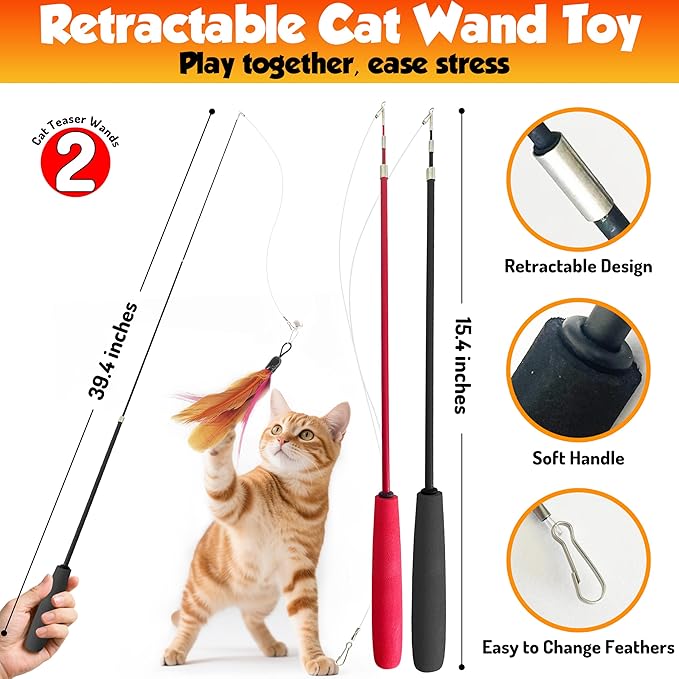 Retractable cat wand toys, 14PCS teaser refills-feather & worm refills and chirping mouse toy, interactive cat teaser toys for indoor cats, fishing pole games for bored indoor kitten exercise & play-Mewly Pet