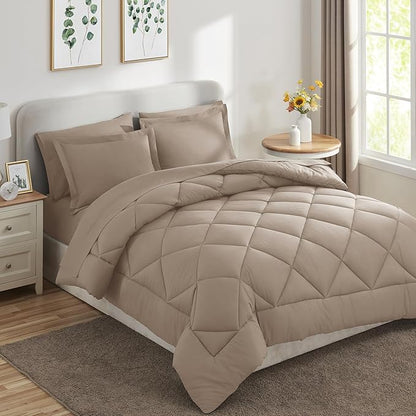 CozyLux King Size Comforter Set Khaki - 7 Pieces Bed in a Bag King, Luxury Soft Bed Set for All Seasons, Bedding Set with Down Alternative Comforter, Sheets, Pillowcases & Shams