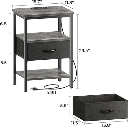 SUPERJARE Nightstand Set of 2, Bed Side Tables with Charging Station, Adjustable Fabric Drawer, Night Stand for Bedroom, 3-Tier Storage End Tables, for Living Room - Charcoal Gray