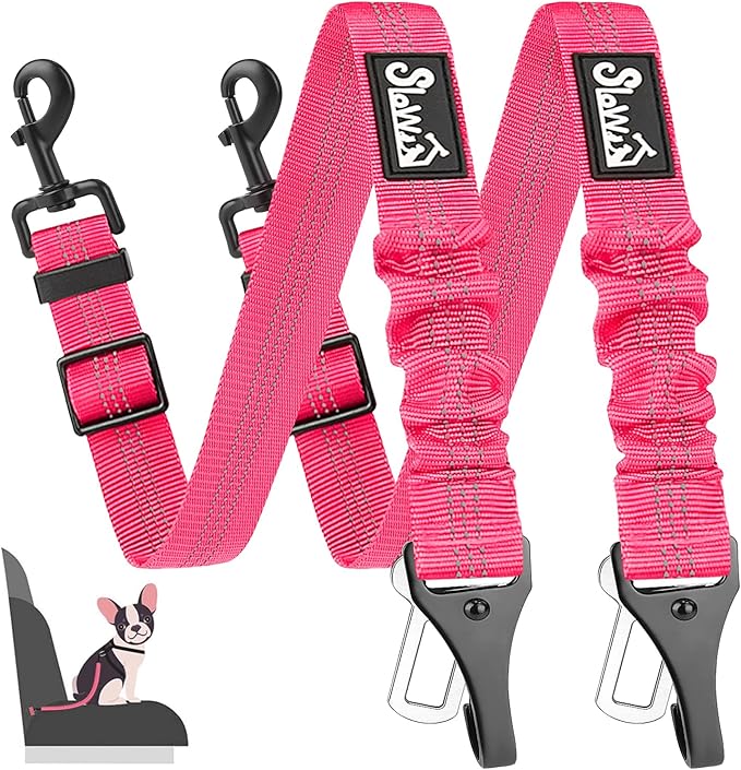 SlowTon 2 Pack Dog Seat Belt, 2 in 1 Attachment, Hook Latch Bar or Seatbelt Buckle with Elastic Nylon Bungee Buffer Adjustable Reflective Nylon Safety Belt Tether Connect to Dog Harness (2pack-FL)-Mewly Pet