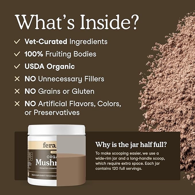 Fera Pets Mushroom Supplement for Dogs & Cats with Turkey Tail - USDA Organic - Cognitive and Immune Support - Enhances Liver Function - Supports a Healthy Gut - Powder - 120 Scoops-Mewly Pet