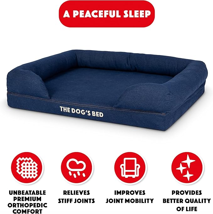 The Dog’s Bed, Med Blue Denim 30x23.5, Memory Foam, Pain Relief: Arthritis, Hip & Elbow Dysplasia, Post Surgery, Lameness, Supportive, Calming, Waterproof Washable Cover, Veterinary Approved-Mewly Pet