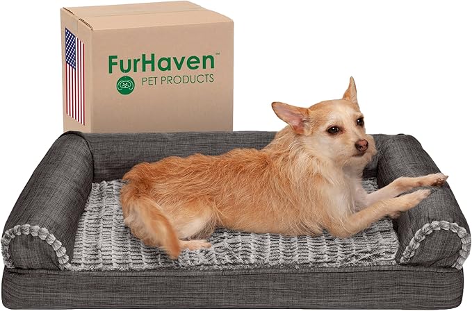 Furhaven Orthopedic Dog Bed for Medium/Small Dogs w/ Removable Bolsters & Washable Cover, For Dogs Up to 35 lbs - Luxe Faux Fur & Performance Linen Sofa - Charcoal, Medium-Mewly Pet