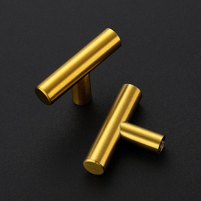 15 Pack Brushed Brass Cabinet Knobs - Kitchen Cabinet Knobs Gold Cabinet Pulls for Kitchen Cabinet Drawer Stainless Steel Dresser Knobs for Cabinet Hardware 2in Length Single Hole T Bar