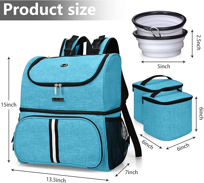 BAGLHER Pet Travel Bag, Double-Layer Pet Supplies Backpack (for All Pet Travel Supplies), Pet Travel Backpack with 2 Silicone Collapsible Bowls and 2 Food Baskets Sky Blue-Mewly Pet