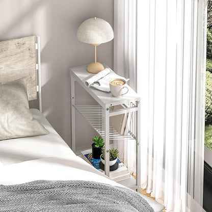 End Table for Small Space, 3-Tier Narrow Side Table with Magazine Holder,Small Nightstand, Skinny Snack Couch Table in Living Room, Bedroom Study and Balcony (White)