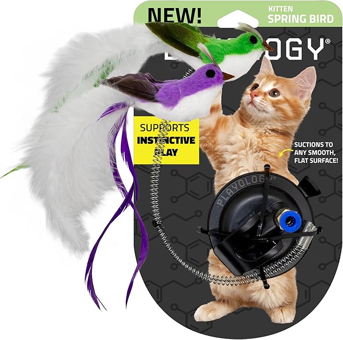 Playology Cat Toy Suction Cup Spring Bird Set | Interactive Toy with Lifelike Feather Birds & 2 Spring Replacements| Secure Suction Cup with Unpredictable Movement | Perfect for Active Indoor Cats-Mewly Pet