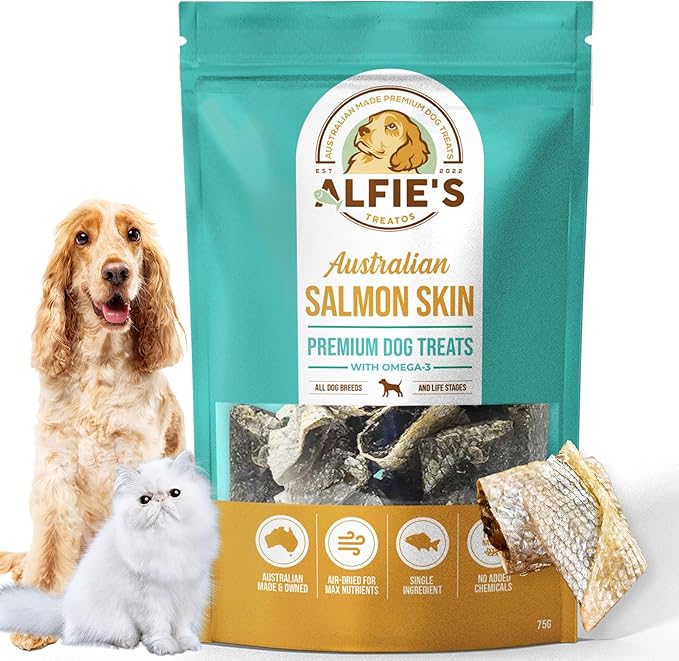 ALFIE'S TREATOS Salmon Skin Treats for Dogs & Cats (2.65 oz), Air-Dried Fish Skin Dog Treats, Omega-3 Food Topper & Training, Single Ingredient, Freeze-Dried Alternative-Mewly Pet