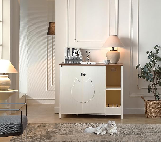 Cat-Faced Doors Cat Litter Robot Enclosure,Automatic Litter Box Enclosure for Litter Robot 3/4,Power Outlet for cat Litter Cabinet,Litter Collector,Dog-Proof Shelf,Antique White-Mewly Pet