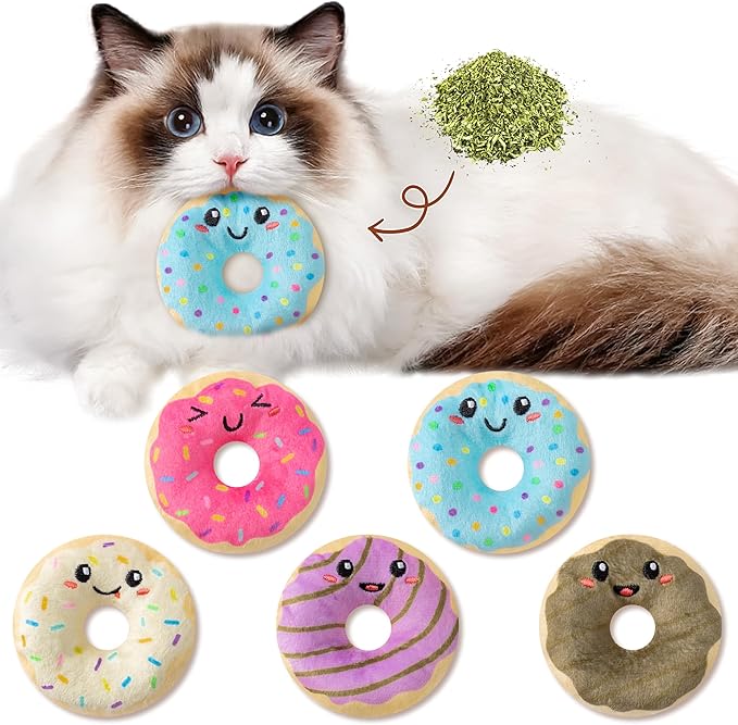 L1rabe Fall Donut Catnip Stuffed Toys - 5Pcs Funny Dessert Cat Toys Black Cat Appreciation Day Pet Supplies, Indoor Cats Chew Bite Teething Tools Kittens Catmint Birthday Gifts Interactive Supplies-Mewly Pet