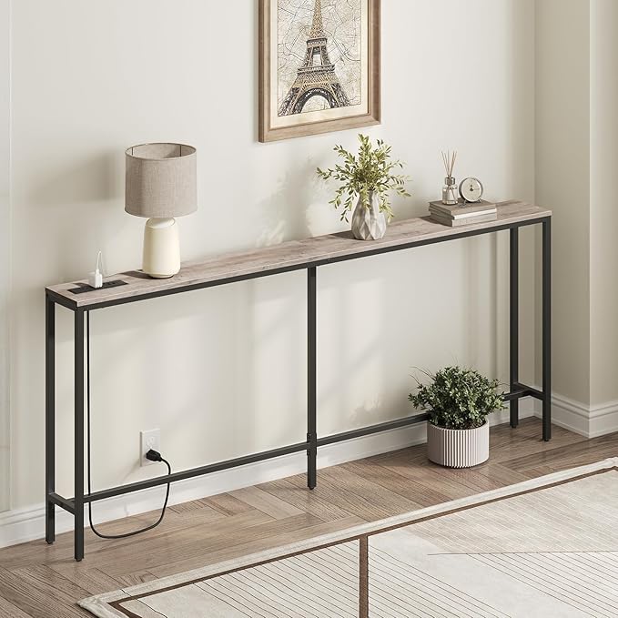 78.7" Console Table with Power Outlet, Narrow Sofa Table, Industrial Entryway Table with USB Ports, Behind Couch for Entryway, Hallway, Foyer, Living Room, Greige CTHG20E01