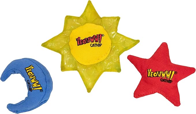 YEOWWW Catnip Cat Toy for Indoor and Outdoor Cats -Premium Quality Strong Catnip Toys for Cats (1x Crinkle Catnip Toy Sun 1 x Moon 1x Star)-Mewly Pet