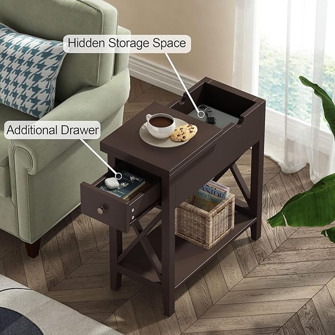 ChooChoo End Table Set of 2, Flip Top Narrow End Table with Drawer, Accent Small Side Table Nightstand for Living Room, Bedroom, and Small Spaces, Espresso