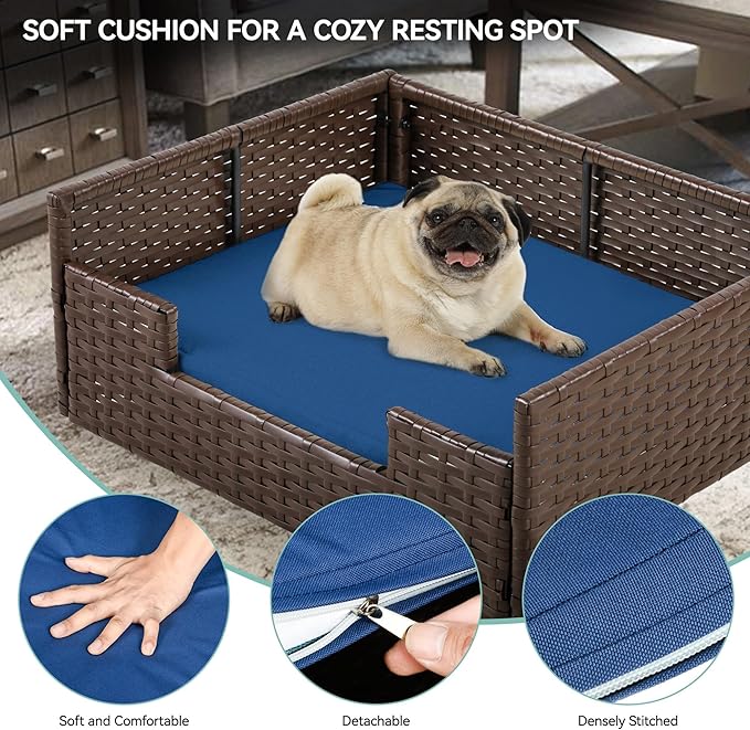 YITAHOME Rattan Dog Sofa Bed with Cushion,Wicker Pet Bed Sofa Couch Indoor Outdoor Water Unaffected for Large Medium Small Dogs Cats (24.8''L*19.7''W*9.8'',Blue)-Mewly Pet