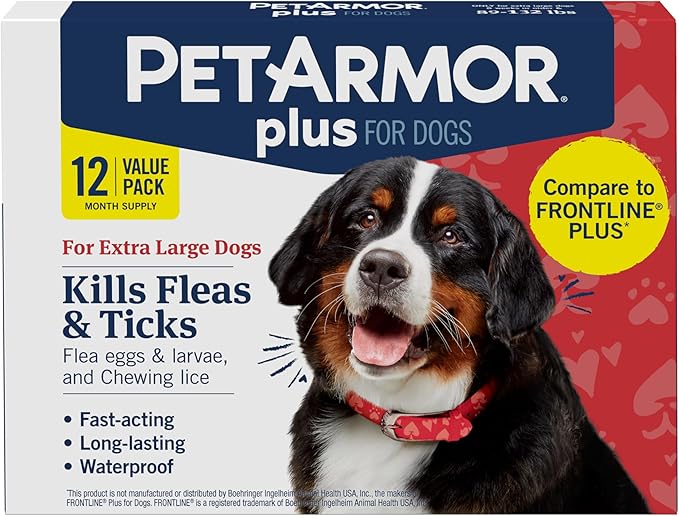 PetArmor Plus Flea and Tick Prevention for Dogs, Dog Flea and Tick Treatment, 12 Doses, Waterproof Topical, Fast Acting, X-Large Dogs (89-132 lbs)-Mewly Pet