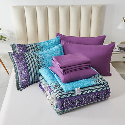 Cottolester Boho Comforter Set Full Size 8 Piece Bed in a Bag Bohemian Striped Bedding Quilt Set Aqua Paisley Floral Comforter and Sheet Set,Soft Microfiber Complete Bedding Sets for All Season