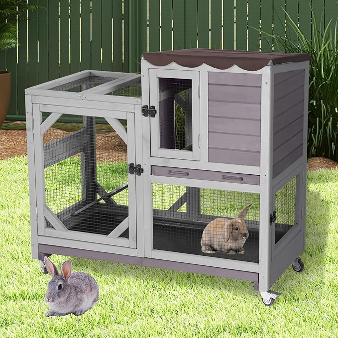 Wooden Rabbit Hutch with Two Story, Bunny Cage with Leak-Proof Trays, and Chew-Proof Ramp, Guinea Pig Cage with Wheels, Suitable for Indoor/Outdoor Use (Grey)-Mewly Pet