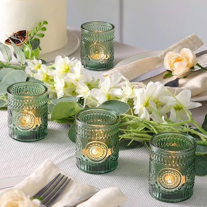 12pcs Green Votive Candle Holders，Glass Tea Lights Candle Holder Bulk for Birthday Parties, Weddings, Table Decorations, Candlelight Dinners