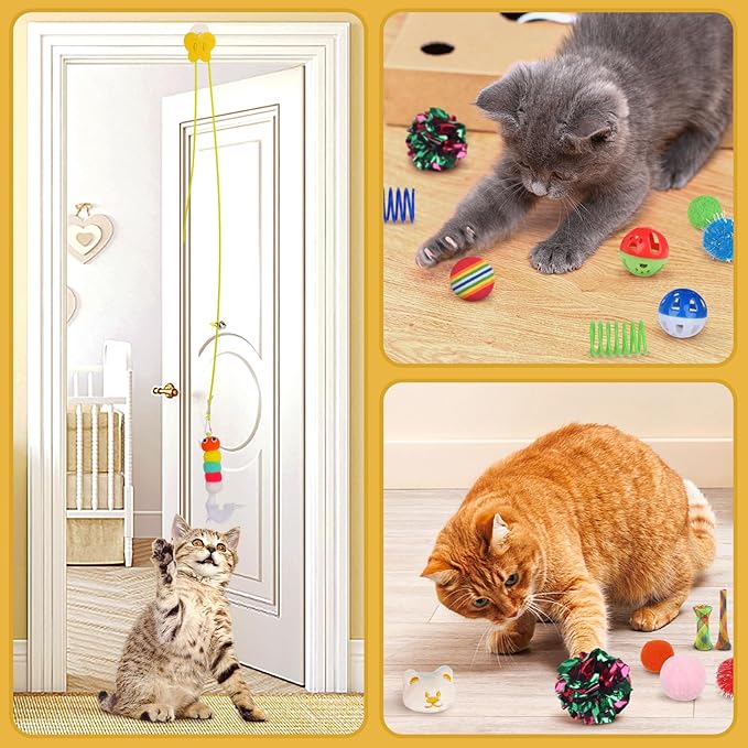 Kitten Toys - 38PCS Cat Play Set, Sparkle Balls, Plush Pom Pom Balls, Hanging Door Toy, Gift Box Styles-Mewly Pet