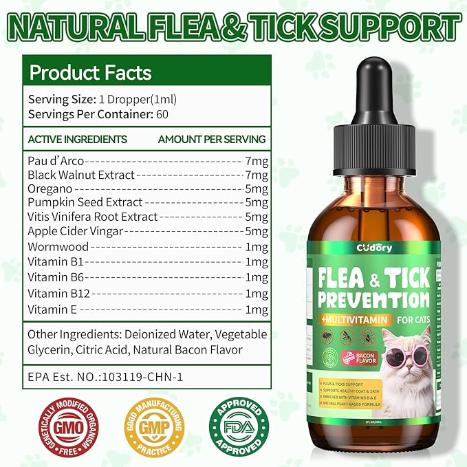 Flea & Tick Support for Cats – Natural Herbal Drops with Multivitamin – Fleas and Ticks Comfort Formula for Cat All Breeds & Ages – Bacon Flavor-Mewly Pet