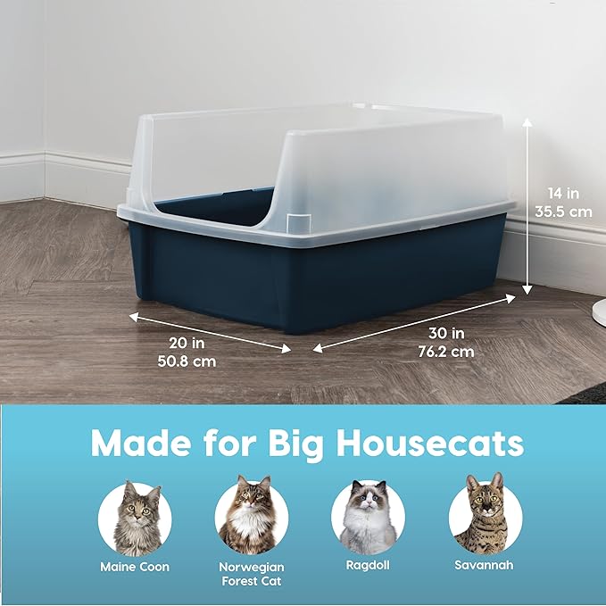 IRIS USA XX-Large Cat Litter Box, Open Top Extra Large Litter Box for Big Cats and Multi-Cat Households, High Sided Scatter Shield, Easy to Clean, 30" L x 20" W x 14" H, Navy-Mewly Pet