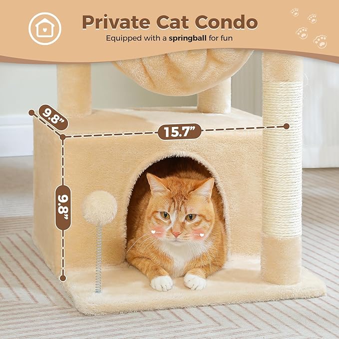 PEQULTI 4-in-1 Cat Tree, 33'' Cat Tower for Indoor Cats with Large Cat Condo, Scratching Post for Cats with Deep Hammock& Cozy Top Perch, Beige-Mewly Pet