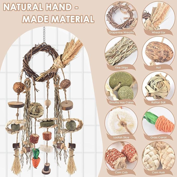 Bissap Bunny Chew Toy, Rabbits Cage Hanging Chew Toys and Treats Rattan Ring with Snacks Water Grass Wooden Block Carrot for Guinea Pigs Chinchillas Hamsters Rats and Other Small Pets Teeth Grinding-Mewly Pet