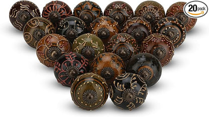 Dresser Knobs for Cabinets and Drawers Assorted, Dusty Ceramic Knob & Pull Handle for Kitchen Brown Cupboard Wardrobe Decorative Furniture Knobs - Pack of 20, (Dark Brown)