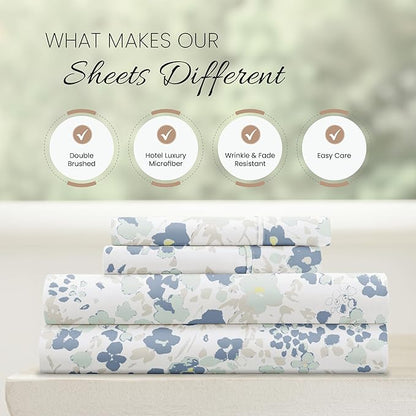 Linen Market Double-Brushed Patterned Microfiber California King Sheet Set 4 Piece – Oeko-TEX Certified Ultra Soft & Wrinkle-Free - 16" Deep Pocket Sheets Easy Care Cal-King Size - Violets Light Blue