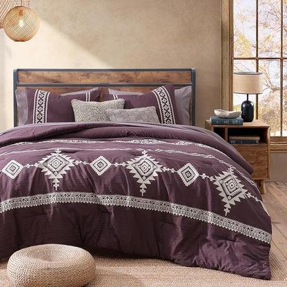 MaiRêve Embroidery Full Size Comforter Set Purple, Farmhouse Western Boho Bedding Set 7 Pieces, All Season Bed in A Bag Comforter Set with Sheets, Pillowcases & Shams