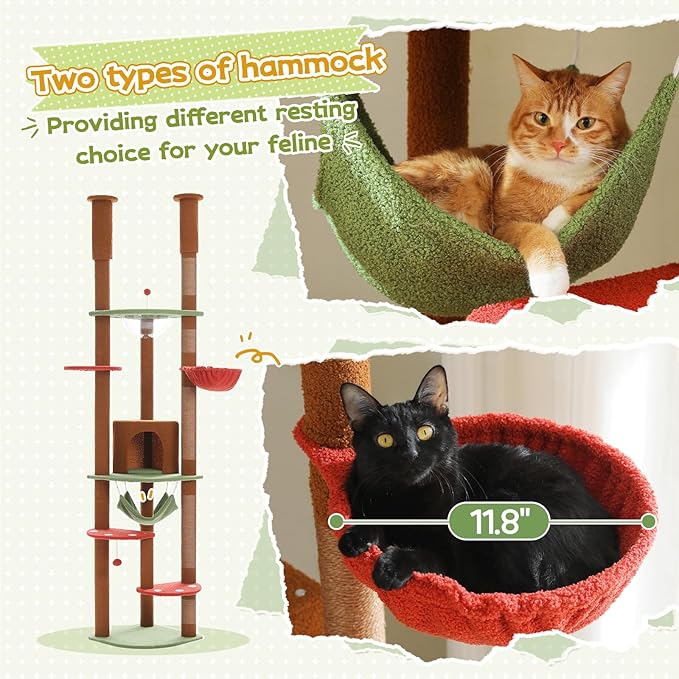 PEQULTI Floor to Ceiling Cat Tree 92.9’’-101.6’’ Height Adjustable Mushroom Cat Tower Tall Climbing Play House with Scratching Posts, Cozy Condo, Perches and Large Hammock for Indoor Cats Brown-Mewly Pet