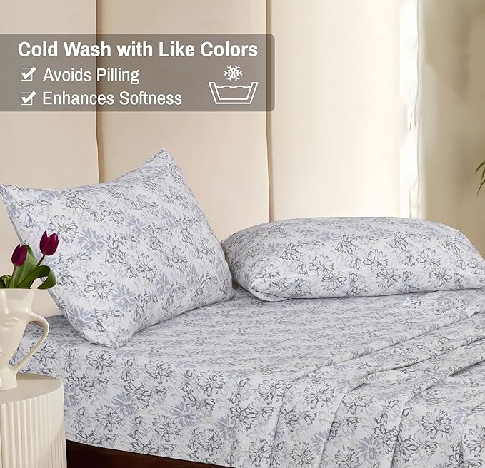 RUVANTI Flannel Sheets Full Size - 100% Cotton Double Brushed Bed Sheets Set, Deep Pockets 16 Inches, All Seasons Breathable & Extra Soft Full Sheets, Warm & Cozy, 4 Piece, Pacific
