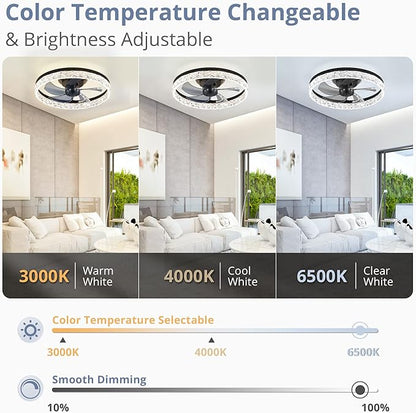 LEDIARY 20" Modern Ceiling Fans with Lights and Remote, Dimmable Low Profile Ceiling Fan, Flush Mount Ceiling Fan, Stepless Color Temperature Change and 6 Speeds - Black