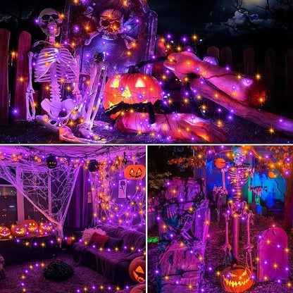 Purple Orange Halloween Timer Fairy Lights Battery Operated 4 Pack 16.4Ft 50 LED Black Wire Twinkle Lights with Timer 5 Modes for Halloween Indoor Outdoor Party Decoration