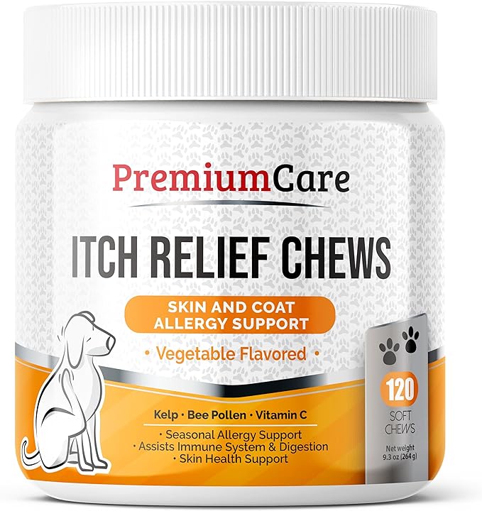 PREMIUM CARE Itch Relief for Dogs - 120 Allergy Chews for Dogs - Anti Itch Seasonal Support for Pets Itchy Skin Relief Skin Health Support with Colostrum, Vitamin C, Omega and Bee Pollen-Mewly Pet