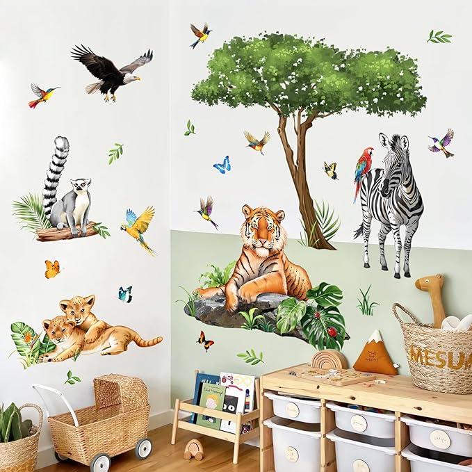 Jungle Safari Animal Wall Decals for Kids Room - Tiger Leopard Zebra Wildlife Wall Stickers Removable Vinyl Nursery Decor for Baby Toddlers Bedroom Classroom Playroom