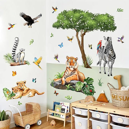Jungle Safari Animal Wall Decals for Kids Room - Tiger Leopard Zebra Wildlife Wall Stickers Removable Vinyl Nursery Decor for Baby Toddlers Bedroom Classroom Playroom