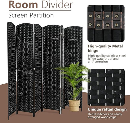 Room Divider 6 Panel Folding Privacy Divider 6 Ft Indoor Wall Divider Portable Partition Wood Screen, Black