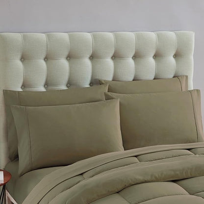 Sweet Home Collection 7 Piece Comforter Set Bag Solid Color All Season Soft Down Alternative Blanket & Luxurious Microfiber Bed Sheets, Sage, Twin XL