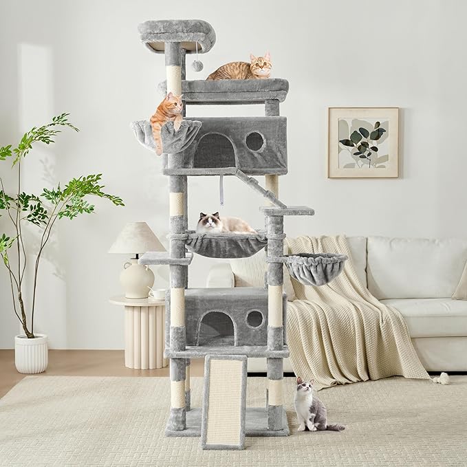 Cat Tree, 80-Inch Large Cat Tower with 9 Scratching Posts, 2 Perches, 2 Caves, 2 Basket, 2 Stairs, Extra Large Hammock, Pompoms, Multi-Level Plush Cat Condo for Indoor Cats/Light Grey-Mewly Pet