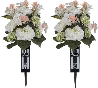 White Artificial Flowers for Cemetery: 2 Pcs Peony Grave Flower Bouquets for Cemetery Decorations - Outdoor Gravesite Flowers with Vase
