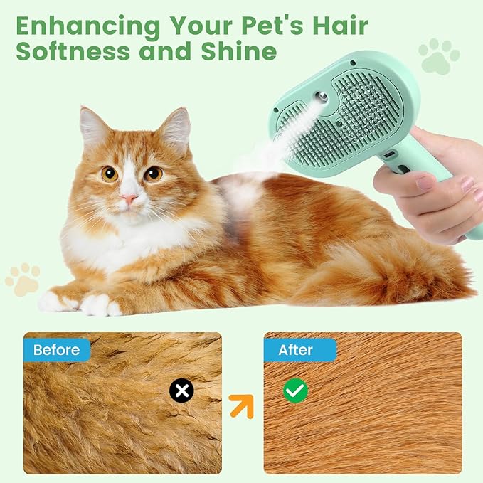3 in 1 Cat Steam Brush, Pet Spray Hair Removal Comb for Shedding & Grooming, Water Brush for Cats Dogs Small Animals Long Short Haired with One-Click Release Button(Green)-Mewly Pet