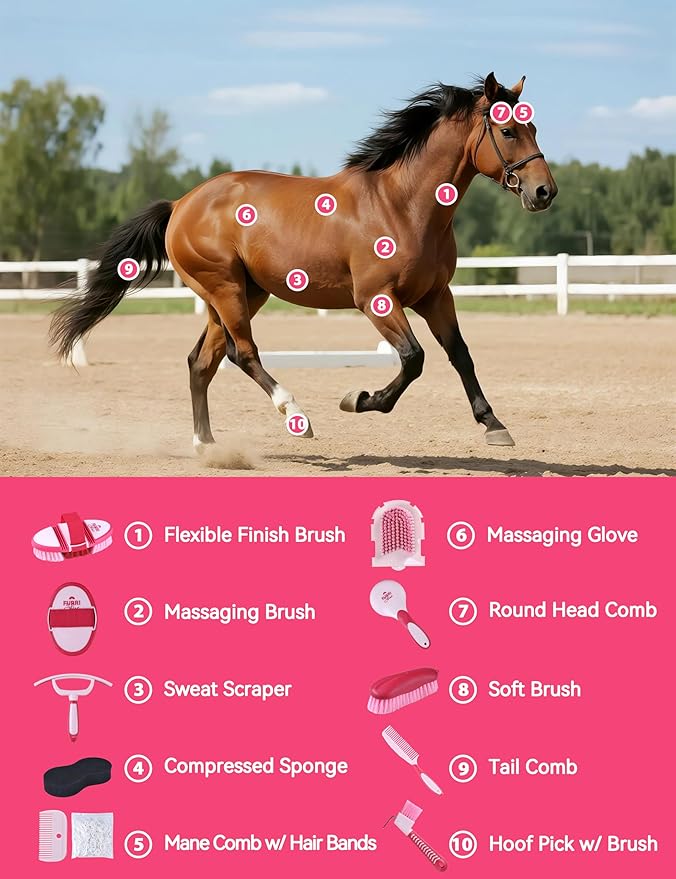 11PCS Horse Grooming Kit Curry Comb Sweat Scraper Horse Bathing Supplies Grooming Tools with Storage Bag Pink Garnet-Mewly Pet